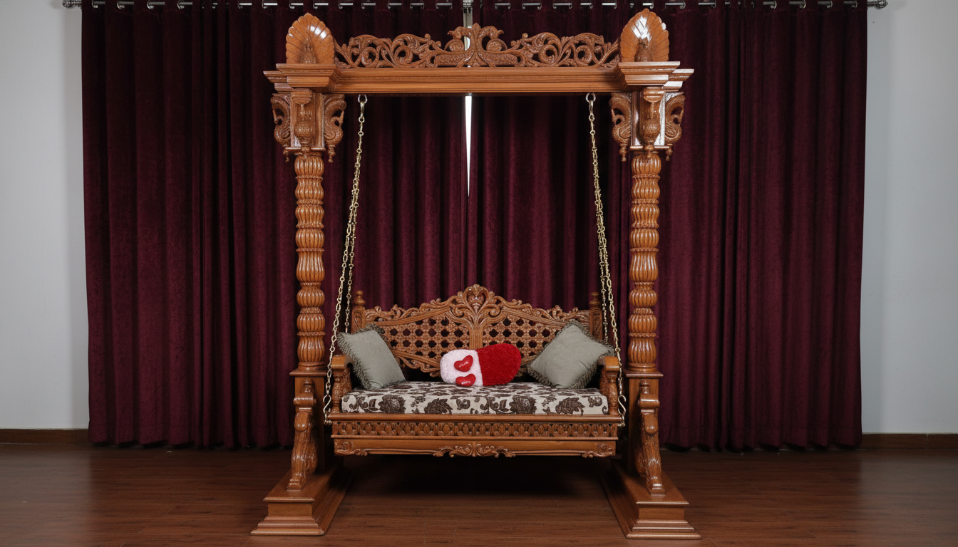 Hand Carved Peacock Motif Wooden Jhoola